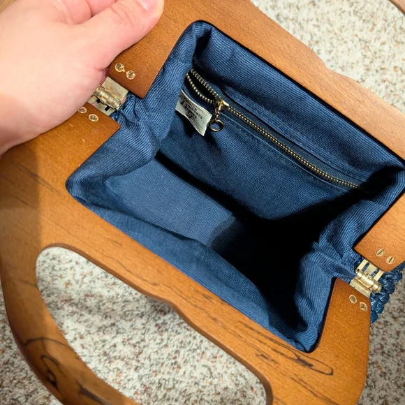 Elegant Navy Woven Clutch with Wooden Handle - Picture 6 of 9